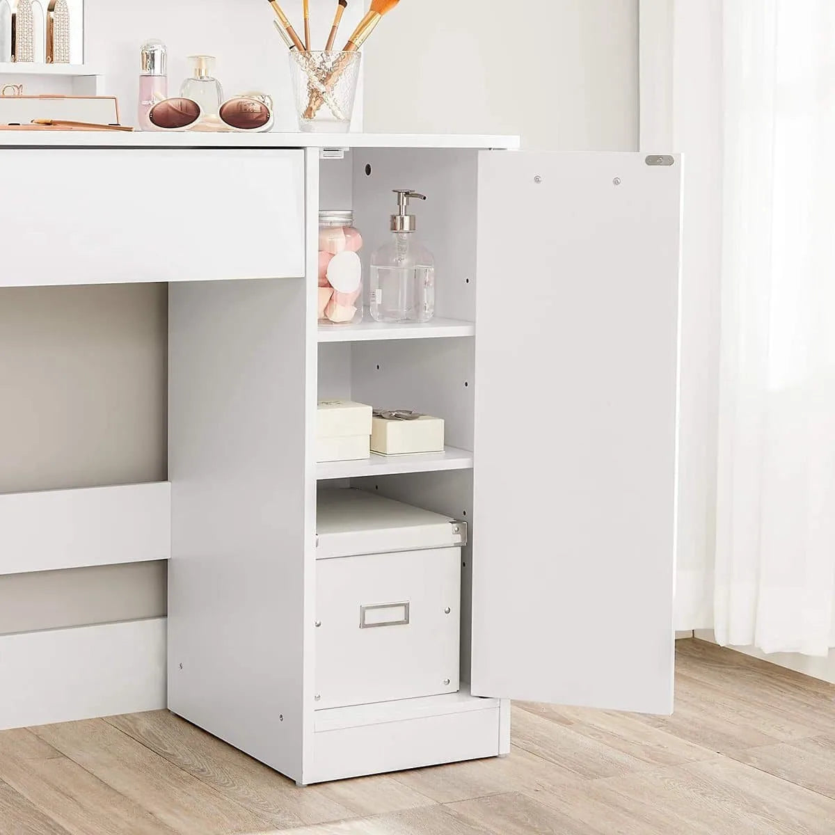 Kaptafel, make up tafel met spiegel en opbergvak, 1 lade, 2 legplanken, wit