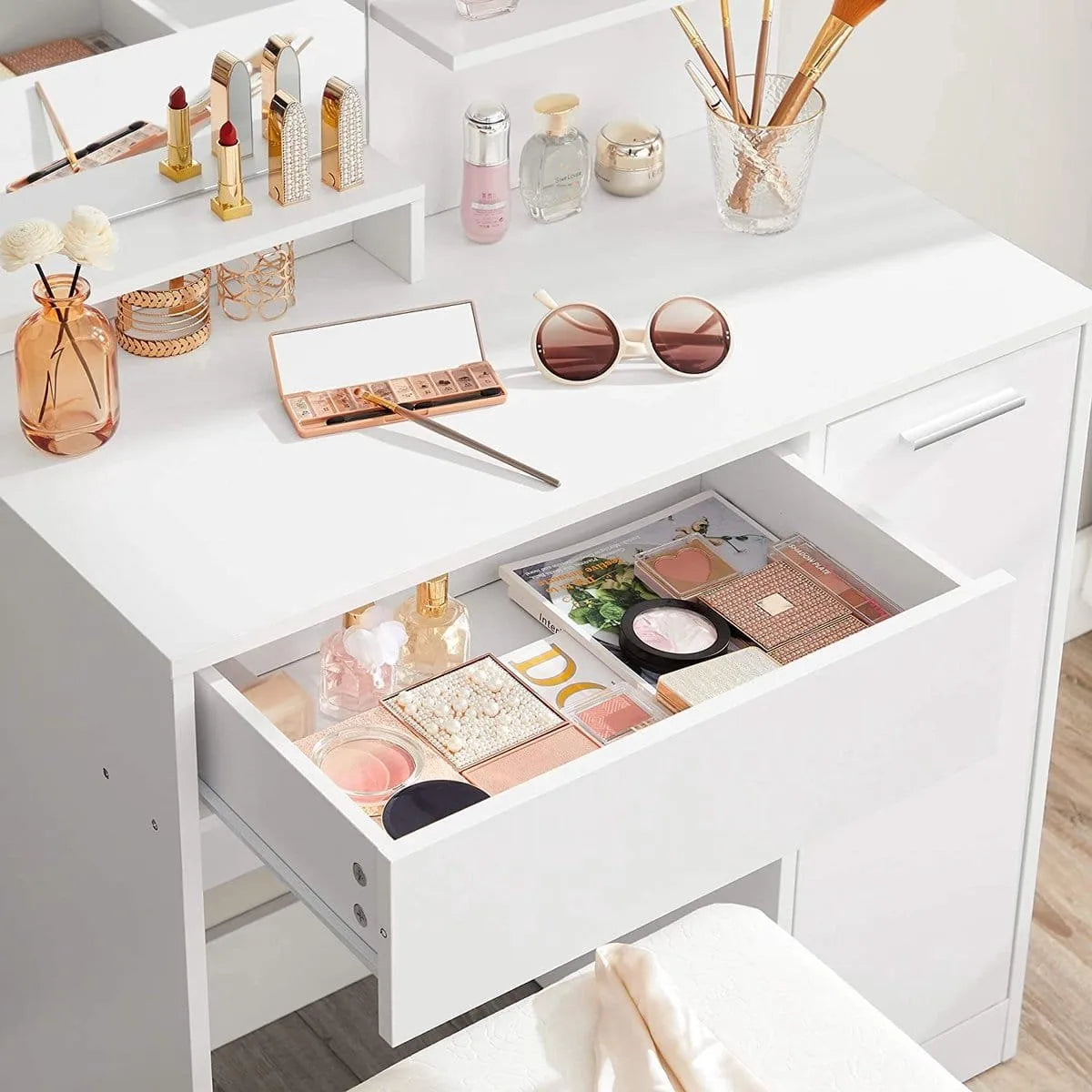 Kaptafel, make up tafel met spiegel en opbergvak, 1 lade, 2 legplanken, wit