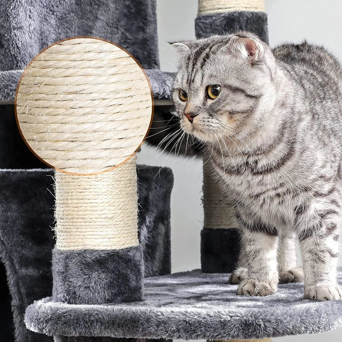 kattenboom groot, kattenboom met 3 gezellige uitkijkplateaus, kattenspeelgoed met 2 knuffelgrotten, dikke sisalstammen, extra krabplank, stal, 172 cm, rookGrijs PCT18GYZ
