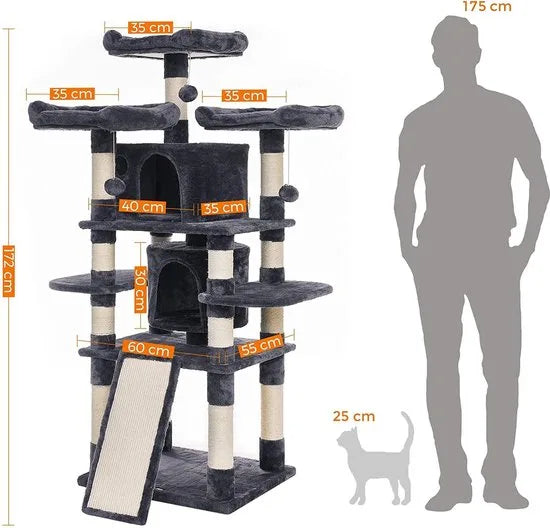 kattenboom groot, kattenboom met 3 gezellige uitkijkplateaus, kattenspeelgoed met 2 knuffelgrotten, dikke sisalstammen, extra krabplank, stal, 172 cm, rookGrijs PCT18GYZ