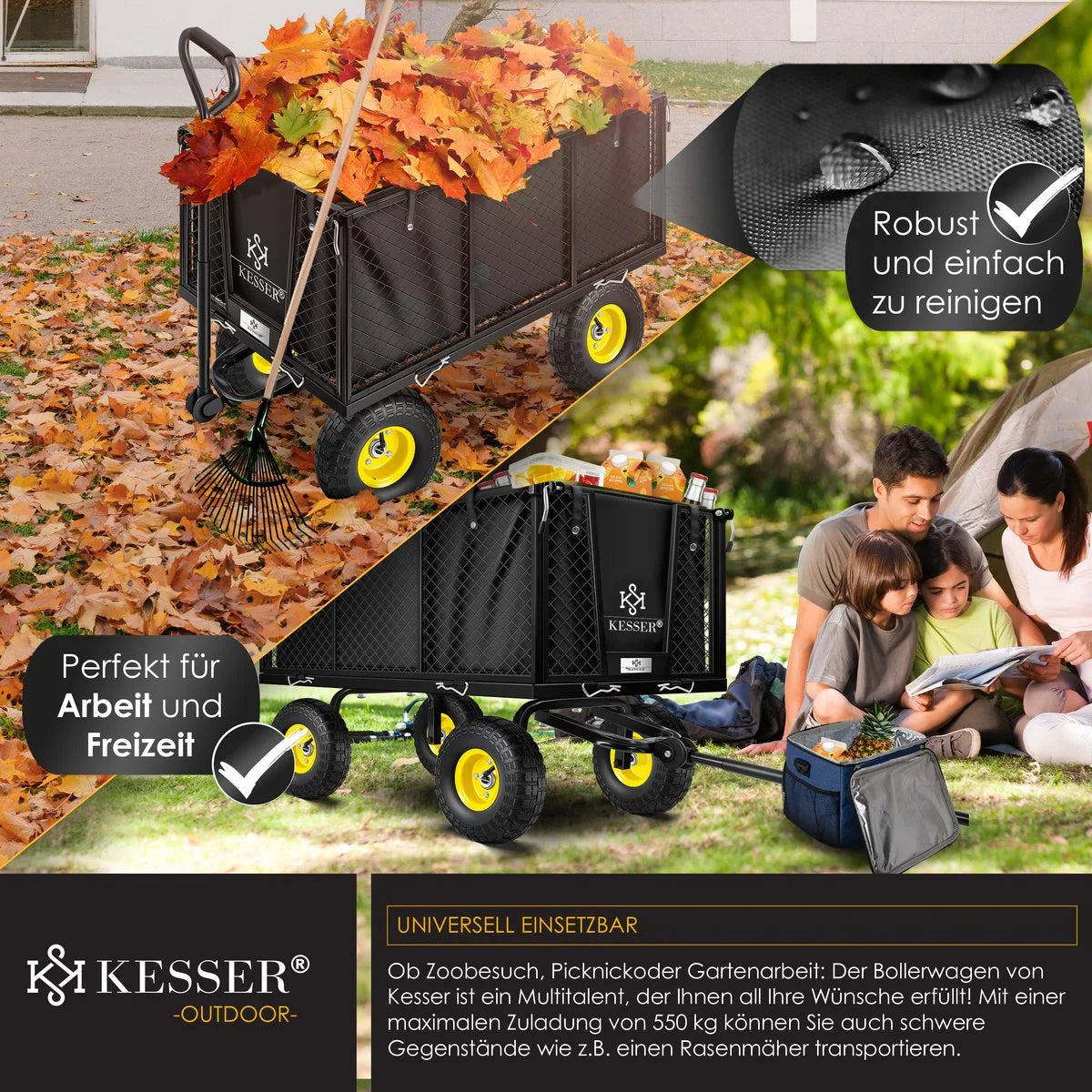 KESSER® Tuinkar Handtrekwagen 550 kg belastbare transportkar tuinkar afneembaar zeil gereedschapswagen veelzijdig te gebruiken incl. handschoenen - 550Kg (Zwart)