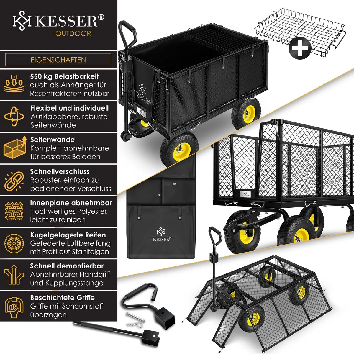 KESSER® Tuinkar Handtrekwagen 550 kg belastbare transportkar tuinkar afneembaar zeil gereedschapswagen veelzijdig te gebruiken incl. handschoenen - 550Kg (Zwart)