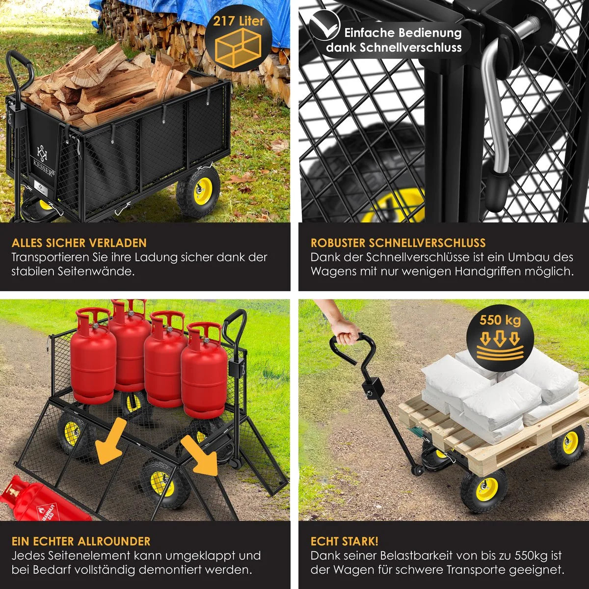 KESSER® Tuinkar Handtrekwagen 550 kg belastbare transportkar tuinkar afneembaar zeil gereedschapswagen veelzijdig te gebruiken incl. handschoenen - 550Kg (Zwart)