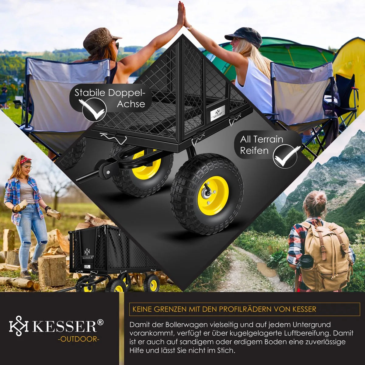KESSER® Tuinkar Handtrekwagen 550 kg belastbare transportkar tuinkar afneembaar zeil gereedschapswagen veelzijdig te gebruiken incl. handschoenen - 550Kg (Zwart)