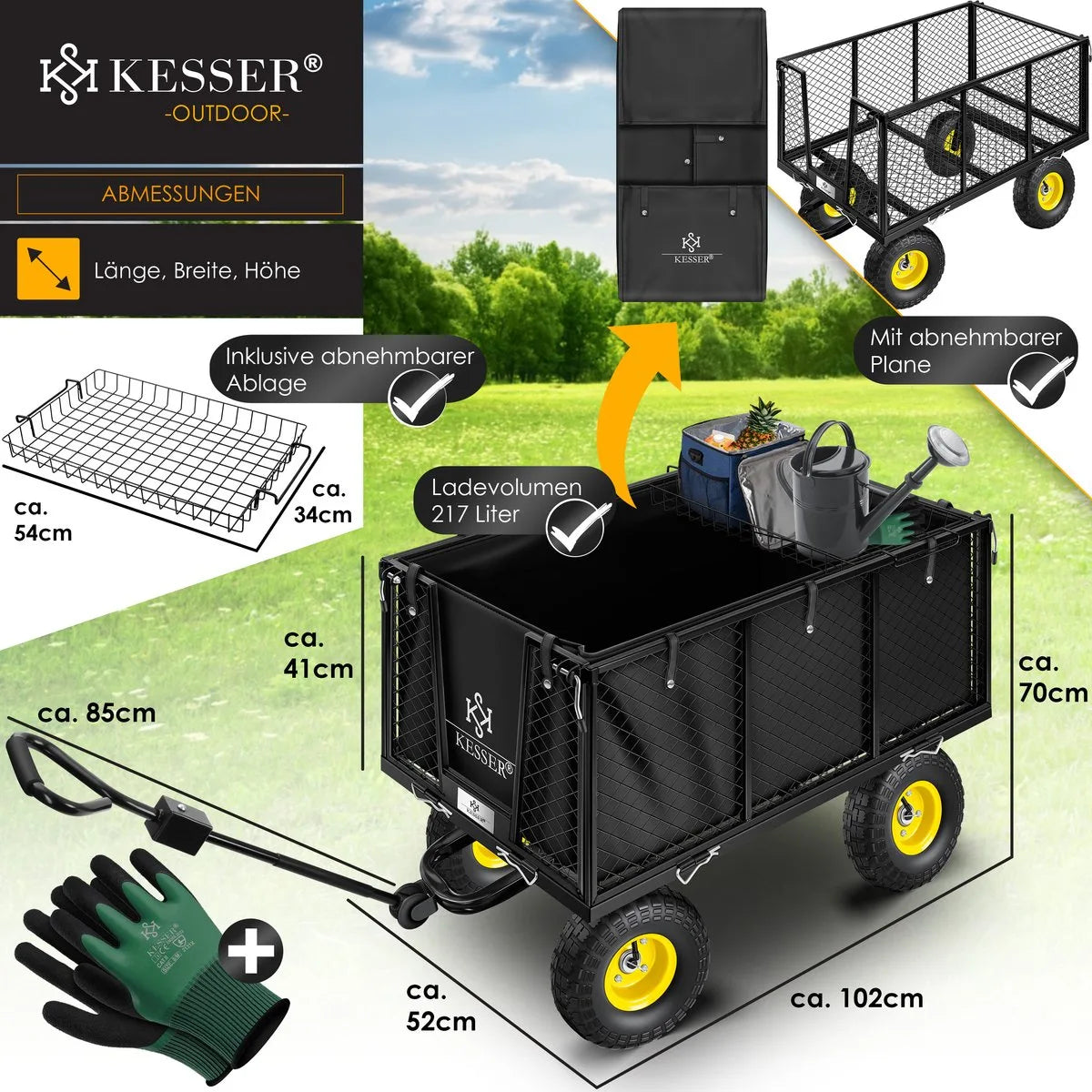 KESSER® Tuinkar Handtrekwagen 550 kg belastbare transportkar tuinkar afneembaar zeil gereedschapswagen veelzijdig te gebruiken incl. handschoenen - 550Kg (Zwart)