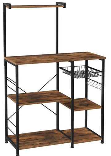 keukenplank, staande plank met metalen mand, bakkerijplank met 6 S-haken en planken, magnetronplank, kruidenrek, voor potten en pannen, industrieel ontwerp, vintage bruin-zwart KKS35X