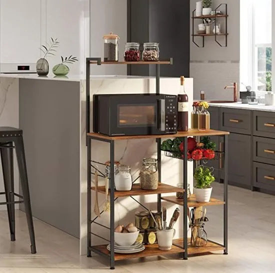 keukenplank, staande plank met metalen mand, bakkerijplank met 6 S-haken en planken, magnetronplank, kruidenrek, voor potten en pannen, industrieel ontwerp, vintage bruin-zwart KKS35X