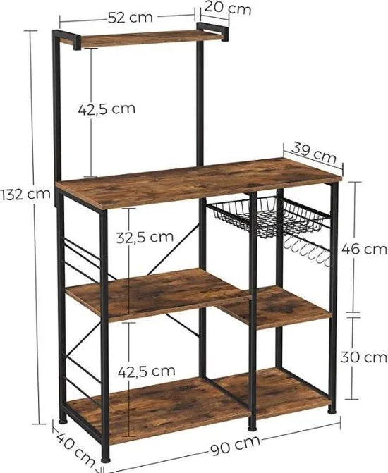 keukenplank, staande plank met metalen mand, bakkerijplank met 6 S-haken en planken, magnetronplank, kruidenrek, voor potten en pannen, industrieel ontwerp, vintage bruin-zwart KKS35X