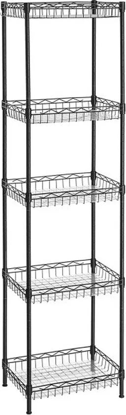 Keukenrek, Metalen Rek, Staand Rek, Badkamerrek Met 4 Haken, Pp-Platen, Verstelbare Planken, Draadmand, Tot 100 Kg Belastbaar, Voor Kleine Ruimtes, Badkamer, Zwart Lgr105B01