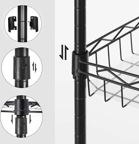 Keukenrek, Metalen Rek, Staand Rek, Badkamerrek Met 4 Haken, Pp-Platen, Verstelbare Planken, Draadmand, Tot 100 Kg Belastbaar, Voor Kleine Ruimtes, Badkamer, Zwart Lgr105B01