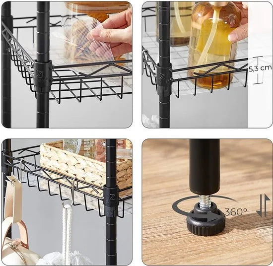 Keukenrek, Metalen Rek, Staand Rek, Badkamerrek Met 4 Haken, Pp-Platen, Verstelbare Planken, Draadmand, Tot 100 Kg Belastbaar, Voor Kleine Ruimtes, Badkamer, Zwart Lgr105B01