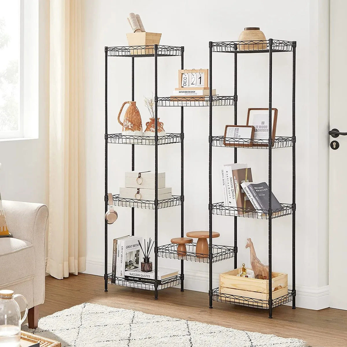 Keukenrek, Metalen Rek, Staand Rek, Badkamerrek Met 4 Haken, Pp-Platen, Verstelbare Planken, Draadmand, Tot 100 Kg Belastbaar, Voor Kleine Ruimtes, Badkamer, Zwart Lgr105B01