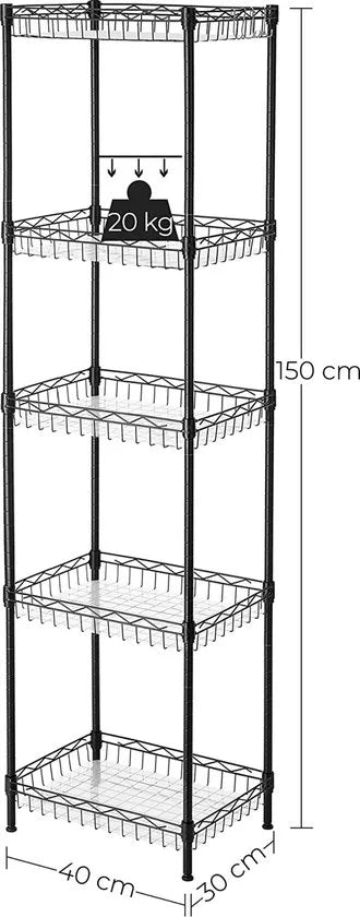 Keukenrek, Metalen Rek, Staand Rek, Badkamerrek Met 4 Haken, Pp-Platen, Verstelbare Planken, Draadmand, Tot 100 Kg Belastbaar, Voor Kleine Ruimtes, Badkamer, Zwart Lgr105B01