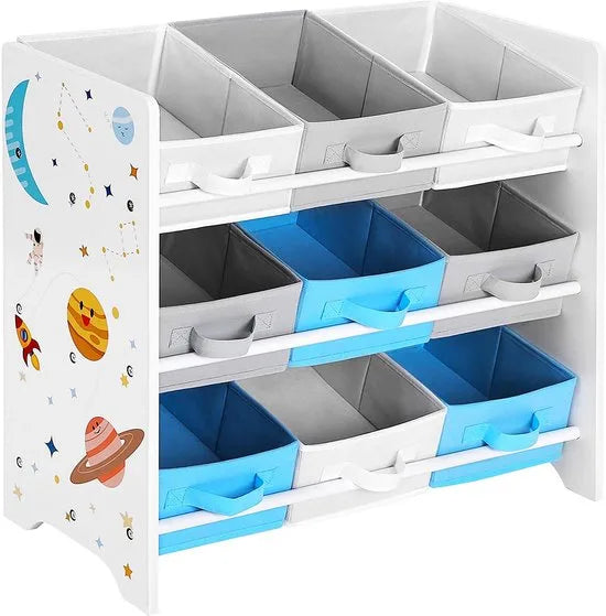 kinderkamerplank, speelgoed organizer, boekenkast voor kinderen, met 9 opbergdozen van fleece, kinderkamer, school, kleuterschool, 62,5 x 29,5 x 60 cm, ruimtemotieven, wit GKR33WT