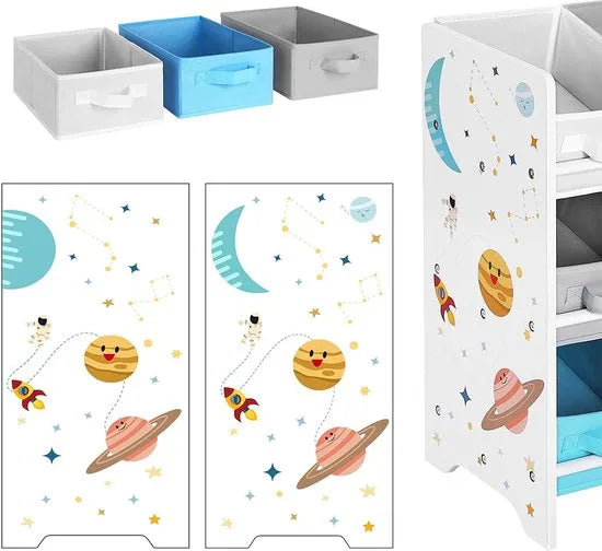 kinderkamerplank, speelgoed organizer, boekenkast voor kinderen, met 9 opbergdozen van fleece, kinderkamer, school, kleuterschool, 62,5 x 29,5 x 60 cm, ruimtemotieven, wit GKR33WT