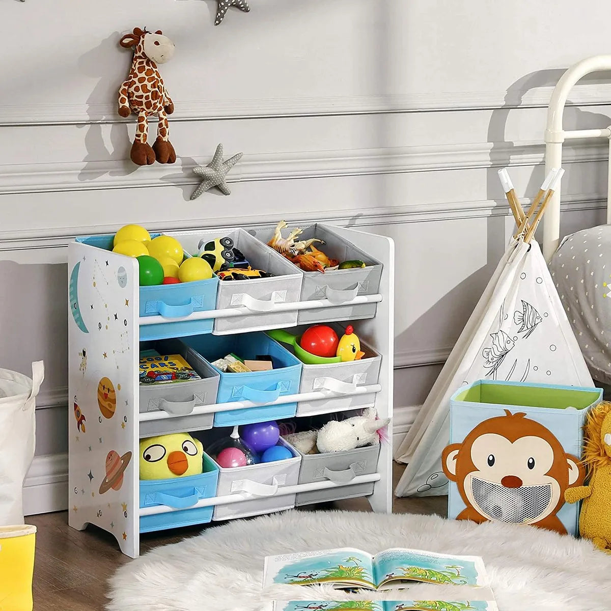 kinderkamerplank, speelgoed organizer, boekenkast voor kinderen, met 9 opbergdozen van fleece, kinderkamer, school, kleuterschool, 62,5 x 29,5 x 60 cm, ruimtemotieven, wit GKR33WT