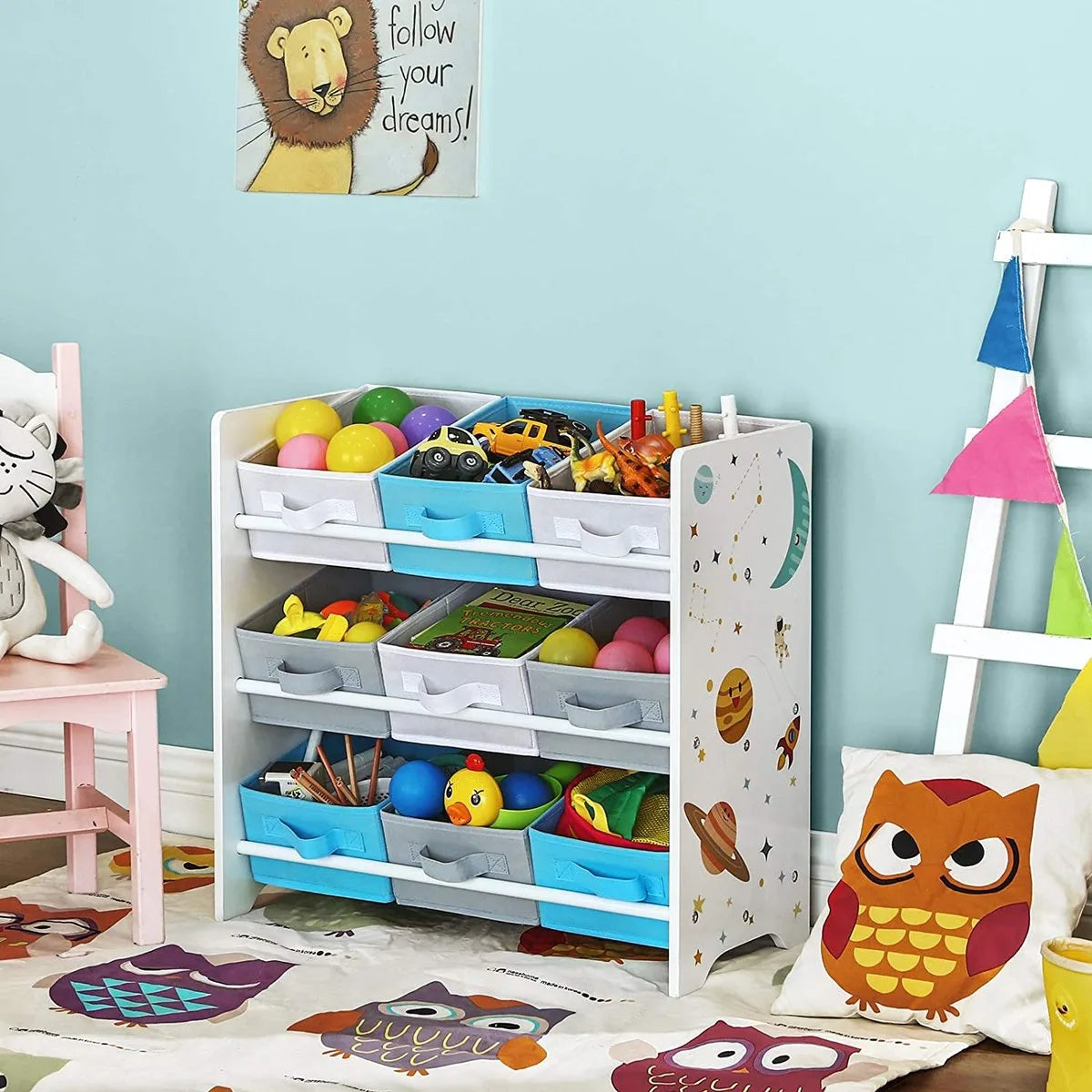 kinderkamerplank, speelgoed organizer, boekenkast voor kinderen, met 9 opbergdozen van fleece, kinderkamer, school, kleuterschool, 62,5 x 29,5 x 60 cm, ruimtemotieven, wit GKR33WT