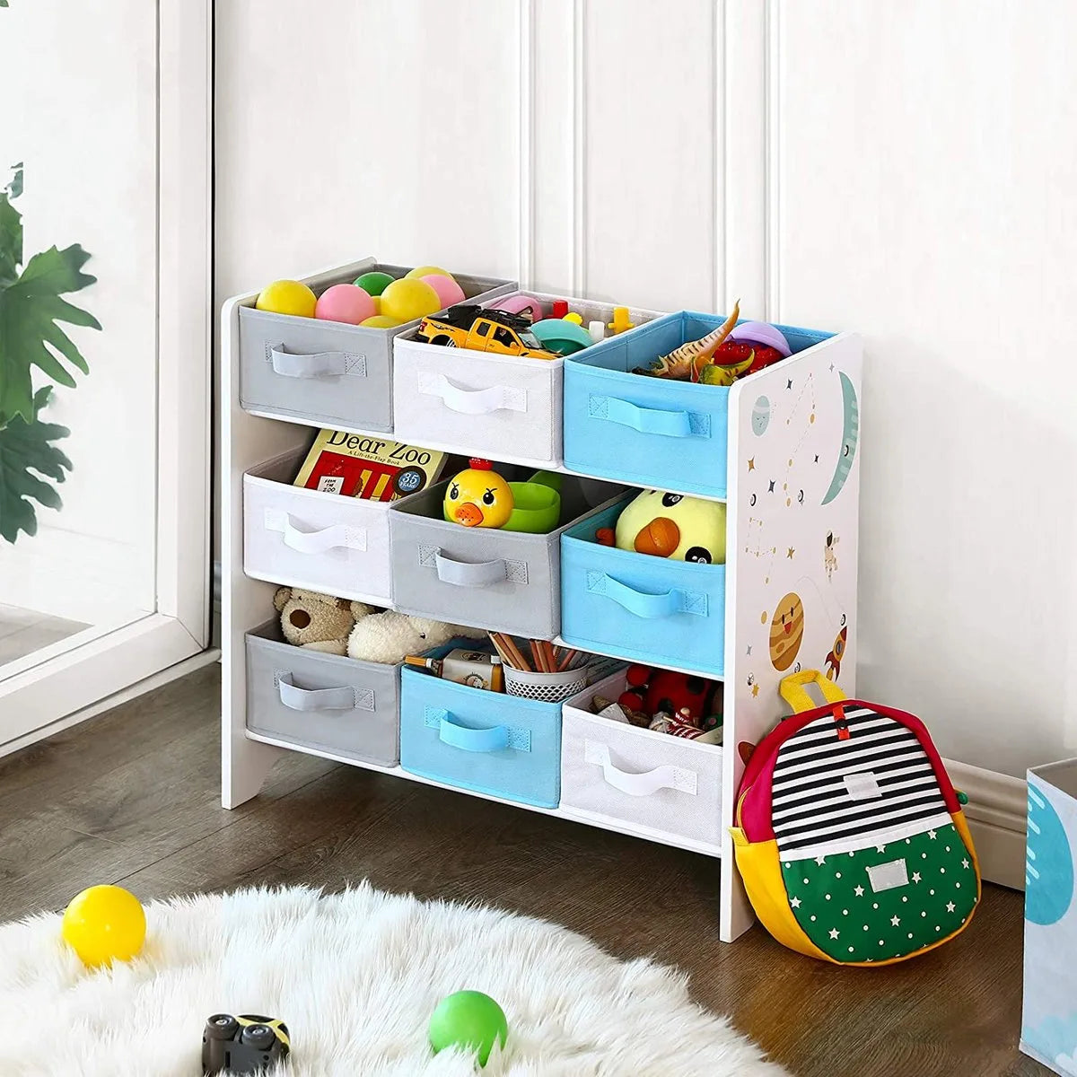 kinderkamerplank, speelgoed organizer, boekenkast voor kinderen, met 9 opbergdozen van fleece, kinderkamer, school, kleuterschool, 62,5 x 29,5 x 60 cm, ruimtemotieven, wit GKR33WT