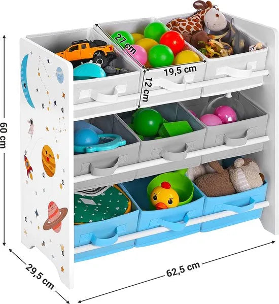 kinderkamerplank, speelgoed organizer, boekenkast voor kinderen, met 9 opbergdozen van fleece, kinderkamer, school, kleuterschool, 62,5 x 29,5 x 60 cm, ruimtemotieven, wit GKR33WT