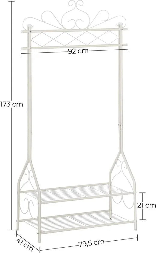 Kledingrek in vintage-stijl, kapstok met kledingstang en 2 planken, metaal, 92 x 173 x 41 cm (B x H x D), crèmewit HSR07W