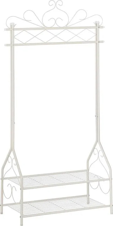 kledingrek in vintage-stijl, staande kapstok met kledingstang en 2 legplanken, metaal, 92 x 173 x 41 cm (B x H x D), gebroken wit-HSR07W