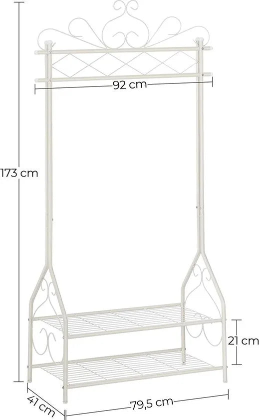 kledingrek in vintage-stijl, staande kapstok met kledingstang en 2 legplanken, metaal, 92 x 173 x 41 cm (B x H x D), gebroken wit-HSR07W