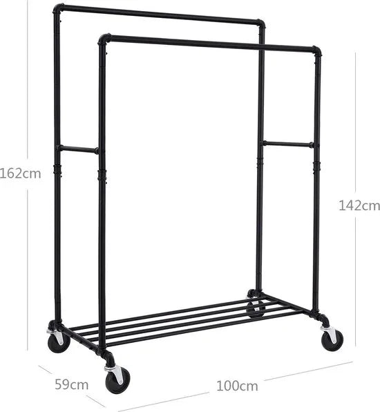 Kledingrek Jorginho - Zwart metaal - Kledingrek op wieltjes - Kledingkast - Garderobe-organizer - Slaapkamer - tot 110 kg