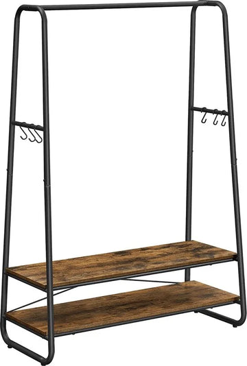kledingrek, kapstok, garderobe, 2 legplanken, 6 haken in S-vorm, stalen frame, voor slaapkamer, hal, entree, industrieel ontwerp, vintage bruin-zwart RGR112B01