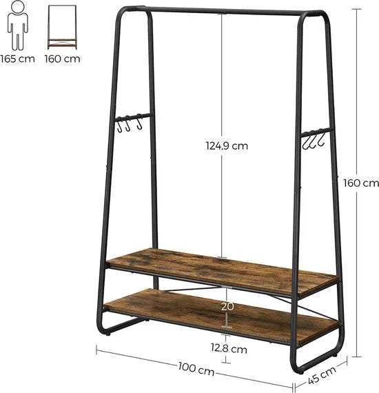 kledingrek, kapstok, garderobe, 2 legplanken, 6 haken in S-vorm, stalen frame, voor slaapkamer, hal, entree, industrieel ontwerp, vintage bruin-zwart RGR112B01