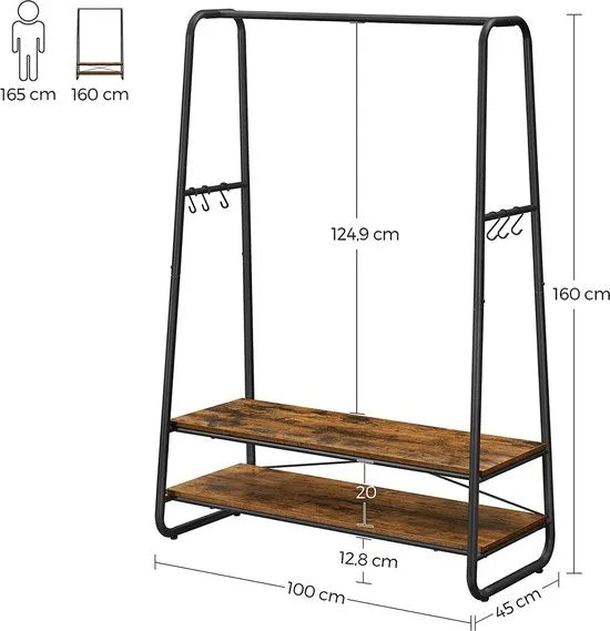 kledingrek, kapstok, garderobe, 2 legplanken, 6 haken in S-vorm, stalen frame, voor slaapkamer, hal, entree, industrieel ontwerp, vintage bruin-zwart RGR112B01