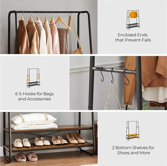 kledingrek, kapstok, garderobe, 2 legplanken, 6 haken in S-vorm, stalen frame, voor slaapkamer, hal, entree, industrieel ontwerp, vintage bruin-zwart RGR112B01