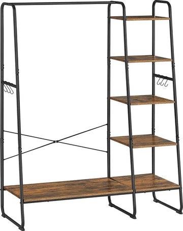 Kledingrek - Kapstok met 5 Niveaus - 45 x 120 x 160 cm - Garderobe met Schoenenrek en Kledingstang - Open Kledingkast met 6 Haken - Industrieel Design - Vintage RGR116B01