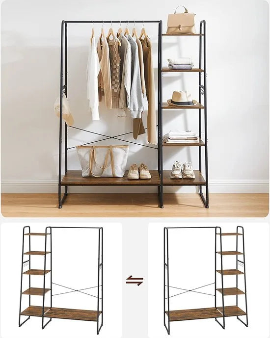 Kledingrek - Kapstok met 5 Niveaus - 45 x 120 x 160 cm - Garderobe met Schoenenrek en Kledingstang - Open Kledingkast met 6 Haken - Industrieel Design - Vintage RGR116B01