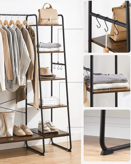 Kledingrek - Kapstok met 5 Niveaus - 45 x 120 x 160 cm - Garderobe met Schoenenrek en Kledingstang - Open Kledingkast met 6 Haken - Industrieel Design - Vintage RGR116B01 – ‎vintabruin + zwart.