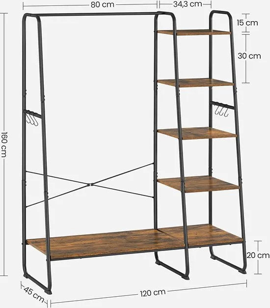 Kledingrek - Kapstok met 5 Niveaus - 45 x 120 x 160 cm - Garderobe met Schoenenrek en Kledingstang - Open Kledingkast met 6 Haken - Industrieel Design - Vintage RGR116B01