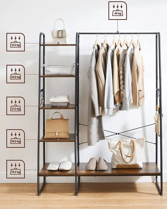 Kledingrek - Kapstok met 5 Niveaus - 45 x 120 x 160 cm - Garderobe met Schoenenrek en Kledingstang - Open Kledingkast met 6 Haken - Industrieel Design - Vintage RGR116B01 – ‎vintabruin + zwart.
