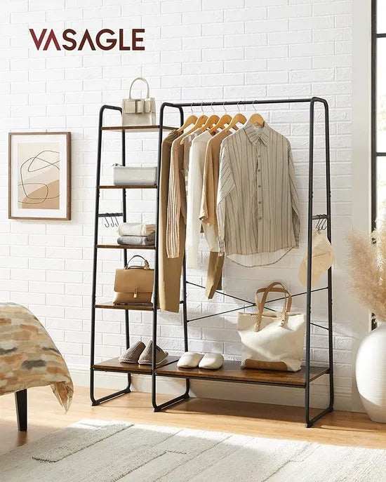Kledingrek - Kapstok met 5 Niveaus - 45 x 120 x 160 cm - Garderobe met Schoenenrek en Kledingstang - Open Kledingkast met 6 Haken - Industrieel Design - Vintage RGR116B01