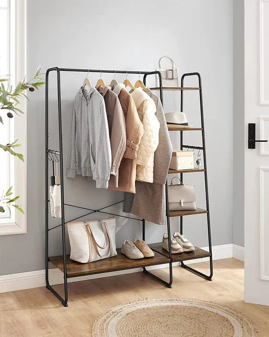 Kledingrek - Kapstok met 5 Niveaus - 45 x 120 x 160 cm - Garderobe met Schoenenrek en Kledingstang - Open Kledingkast met 6 Haken - Industrieel Design - Vintage RGR116B01