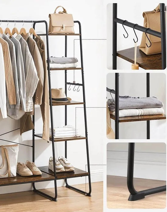 Kledingrek - Kapstok met 5 Niveaus - 45 x 120 x 160 cm - Garderobe met Schoenenrek en Kledingstang - Open Kledingkast met 6 Haken - Industrieel Design - Vintage RGR116B01