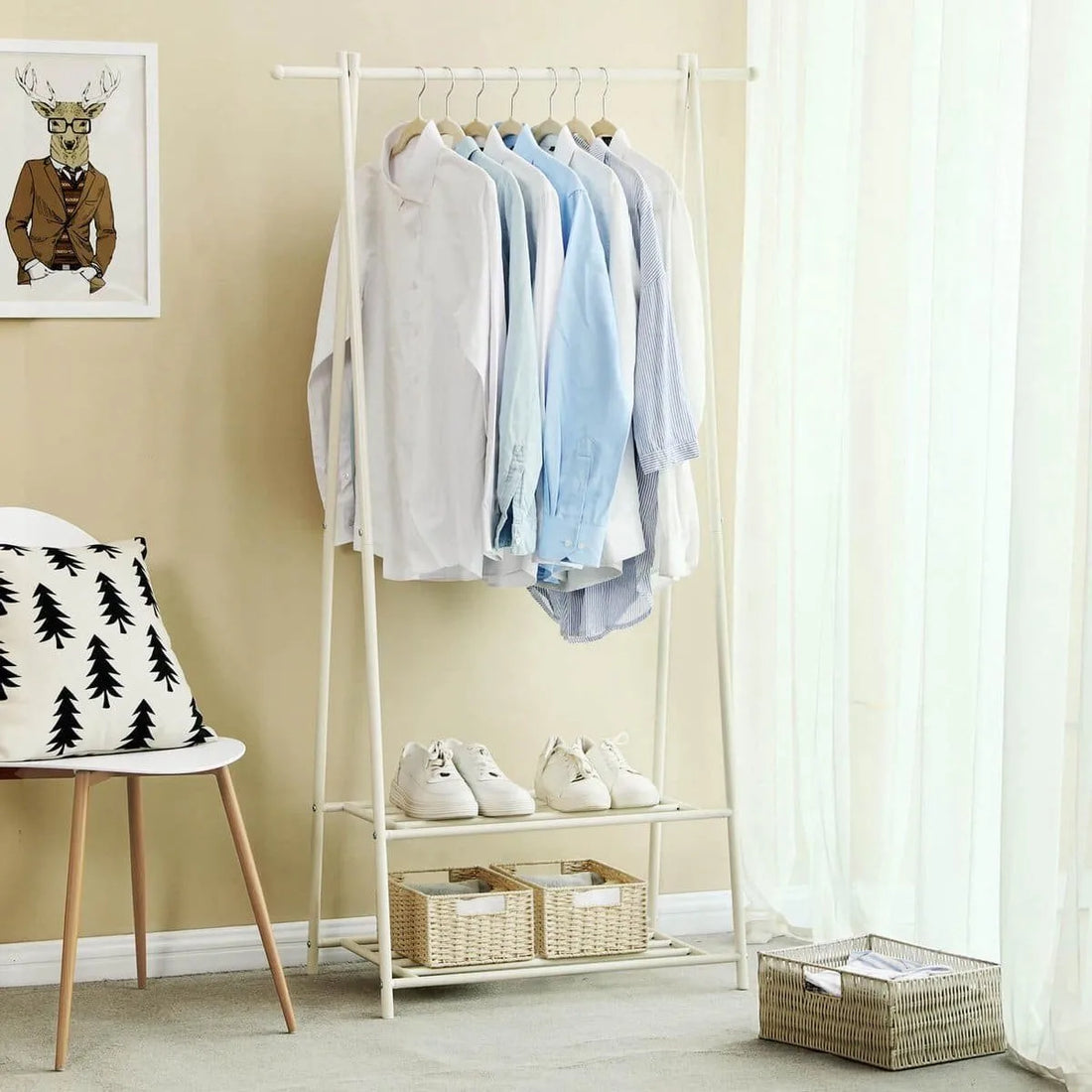 Kledingrek met 2 Planken – Kapstok en Kledingstang – Garderobe van Metaal – Wit