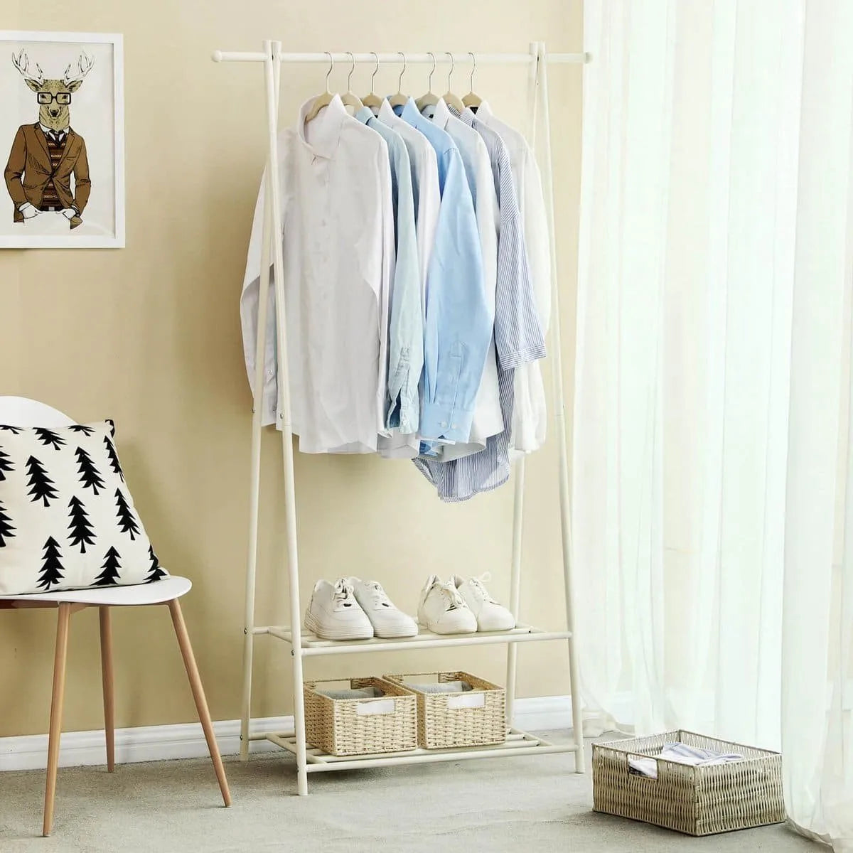 Kledingrek met 2 Planken – Kapstok en Kledingstang – Garderobe van Metaal – Wit