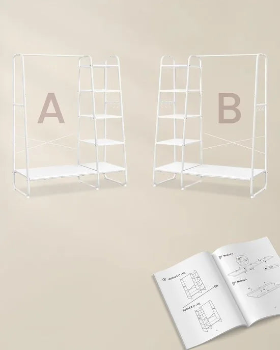 Kledingrek met Kledingstang en Schoenenrek – 6 Haken, 5 Planken – Wolkenwit-Mat Wit