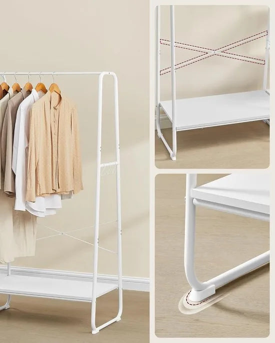 Kledingrek met Kledingstang en Schoenenrek – 6 Haken, 5 Planken – Wolkenwit-Mat Wit