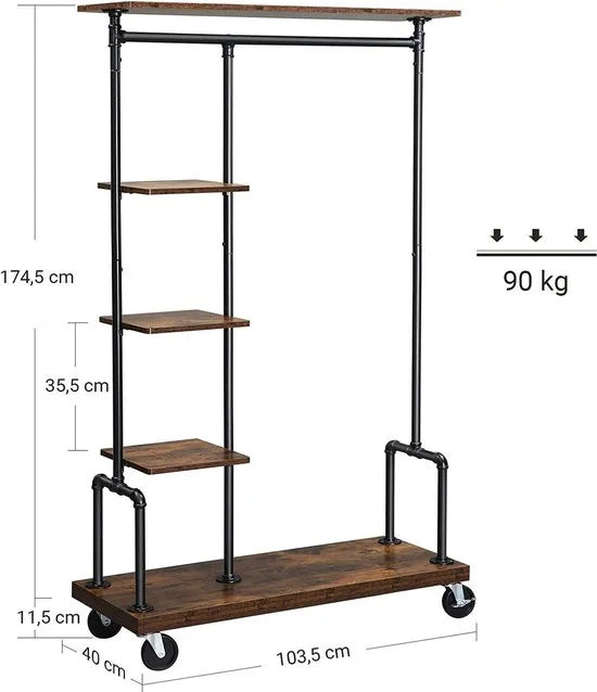 Kledingrek op wieltjes, met 5 planken, van metalen buizen, houtlook, vintage, donkerbruin-HSR66BXV1