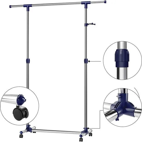 kledingrek uitschuifbaar 97-165 cm met wielen, metaal, blauw, 150 x 44 x 165 cm