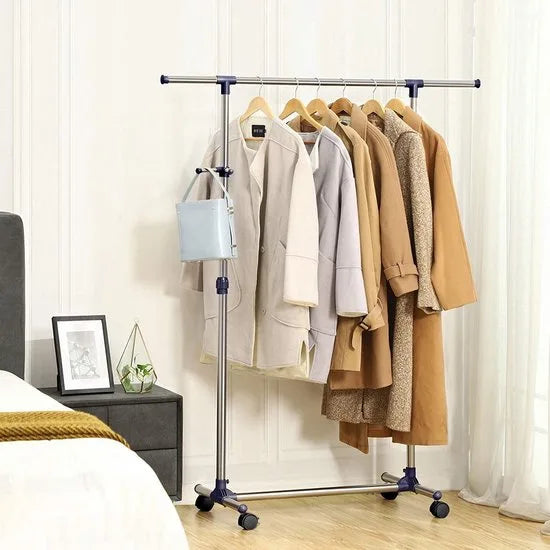 kledingrek uitschuifbaar 97-165 cm met wielen, metaal, blauw, 150 x 44 x 165 cm