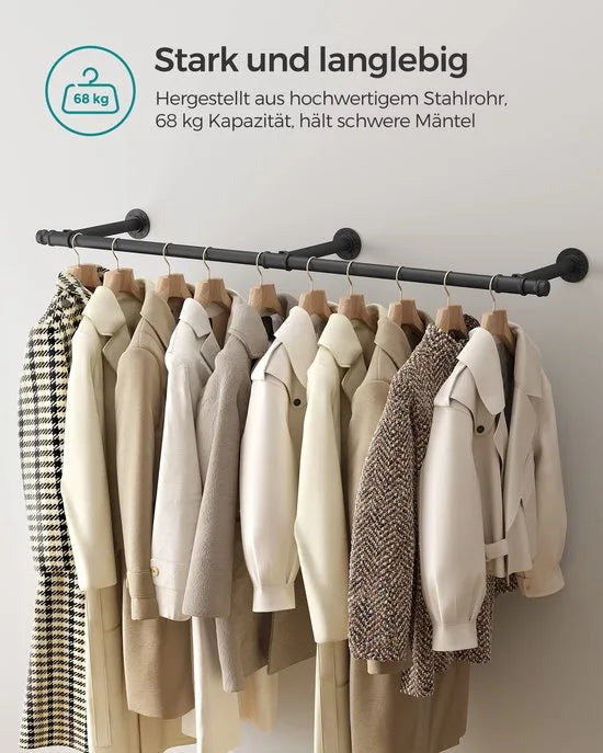 Kledingstang voor aan de muur, wandgarderobe, industrieel, ruimtebesparend, 30,4 x 170 x 7 cm, 68 kg draagvermogen, eenvoudige montage, voor kleine ruimtes, zwart