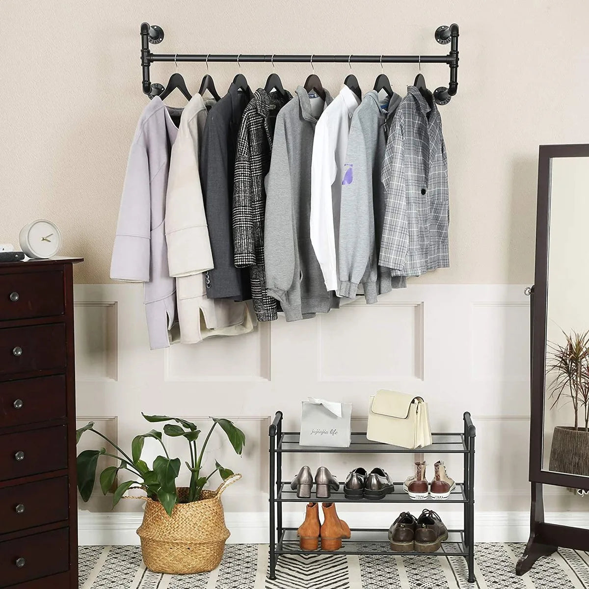 Kledingstangen Set Van 2, Garderobestangen İn İndustrieel Design, Wandmontage, Ruimtebesparend, 110 X 30 X 29,3 Cm, Tot 60 Kg Belastbaar, Eenvoudige Montage, Voor Kleine Ruimtes, Zwart