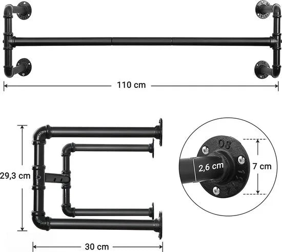 Kledingstangen Set Van 2, Garderobestangen İn İndustrieel Design, Wandmontage, Ruimtebesparend, 110 X 30 X 29,3 Cm, Tot 60 Kg Belastbaar, Eenvoudige Montage, Voor Kleine Ruimtes, Zwart