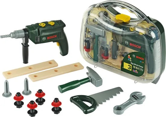 Klein Toys Bosch mini 16-delige speelgoed gereedschapskoffer - boormachine, hamer, zaag, steeksleutel en gereedschap accessoires - incl. licht- en geluidseffecten - groen